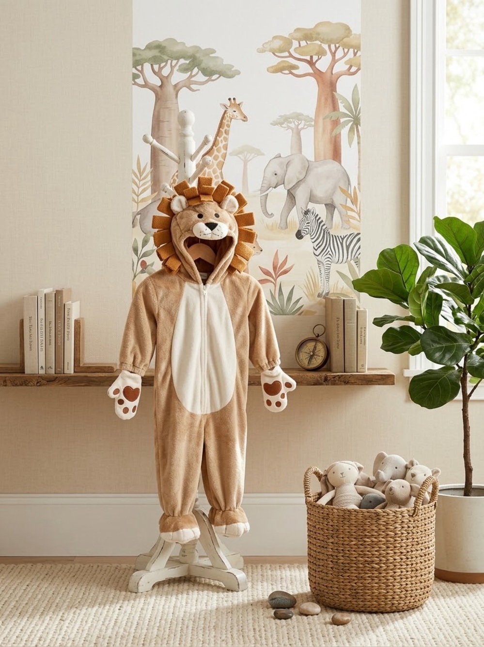 Kids Plush Lion Costume Hooded Jumpsuit - Tan